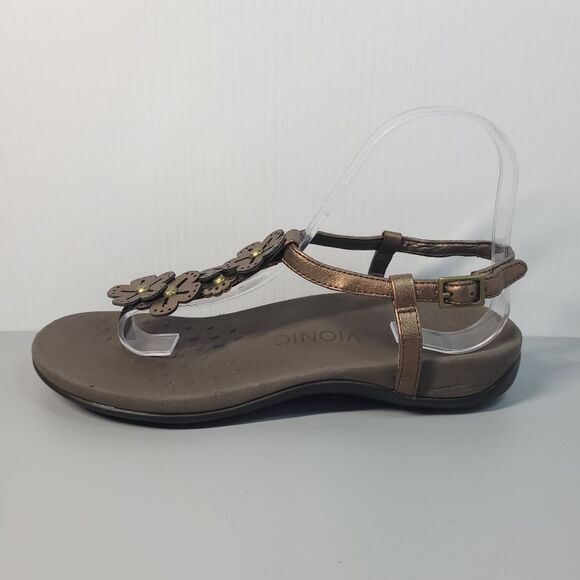 Vionic Women’s Julie Leather Floral Sandals Flats Metallic Bronze Brown Size 7 - Picture 1 of 11